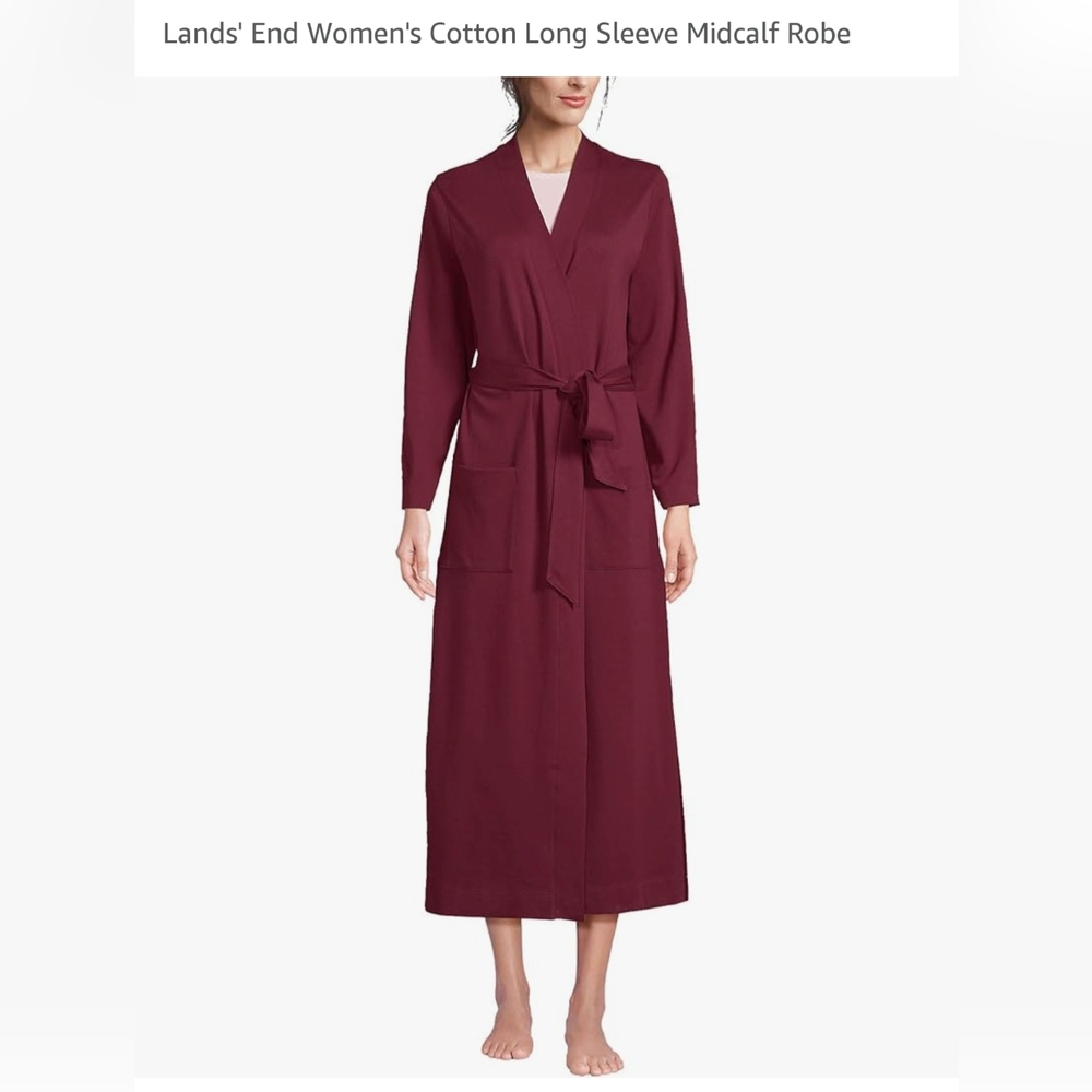 Lands' End Women's Cotton Long Sleeve Midcalf Robe XS in Maroon